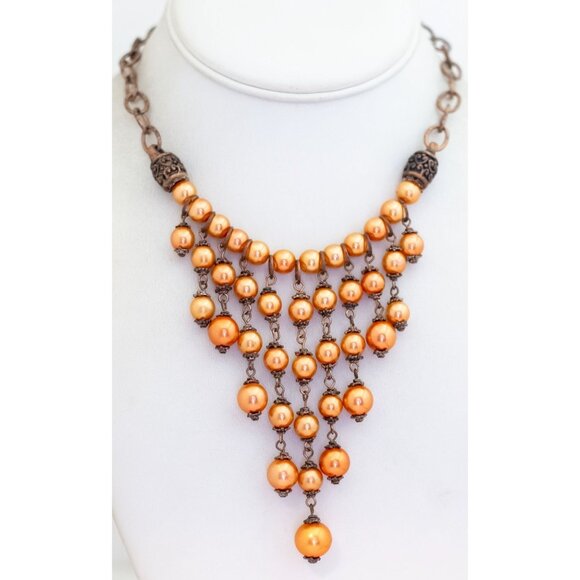 18 inch, Vintage Golden Brown Ball Beads Unique Bib Necklace - V28 - Picture 2 of 3